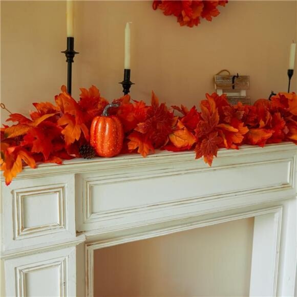6PCS Orange Leaf Garland, 5.6Ft Halloween Garland Artificial Maple Leaf Autumn - Picture 7 of 8